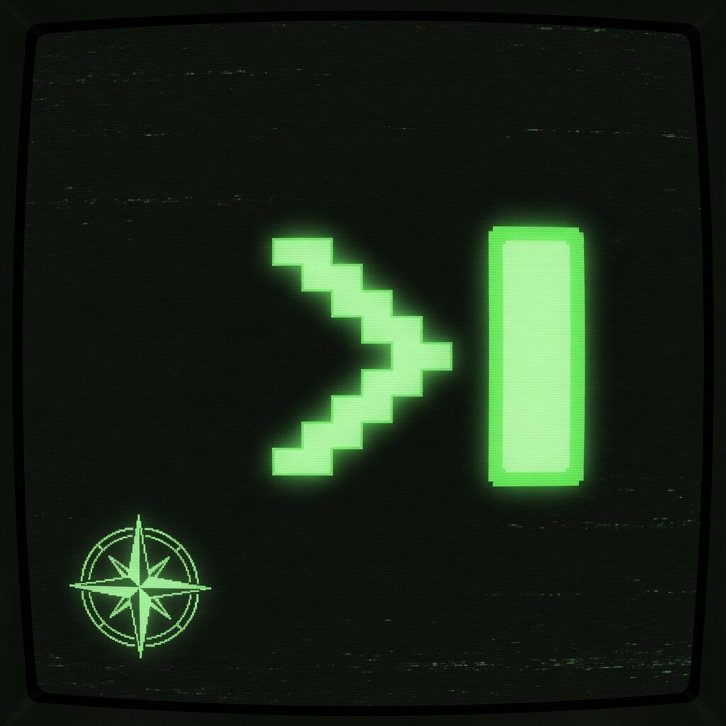 Close view of a CRT bezel with a glowing pixel prompt, block cursor, and a small compass rose in the corner, as if the machine itself is waiting for a verb.