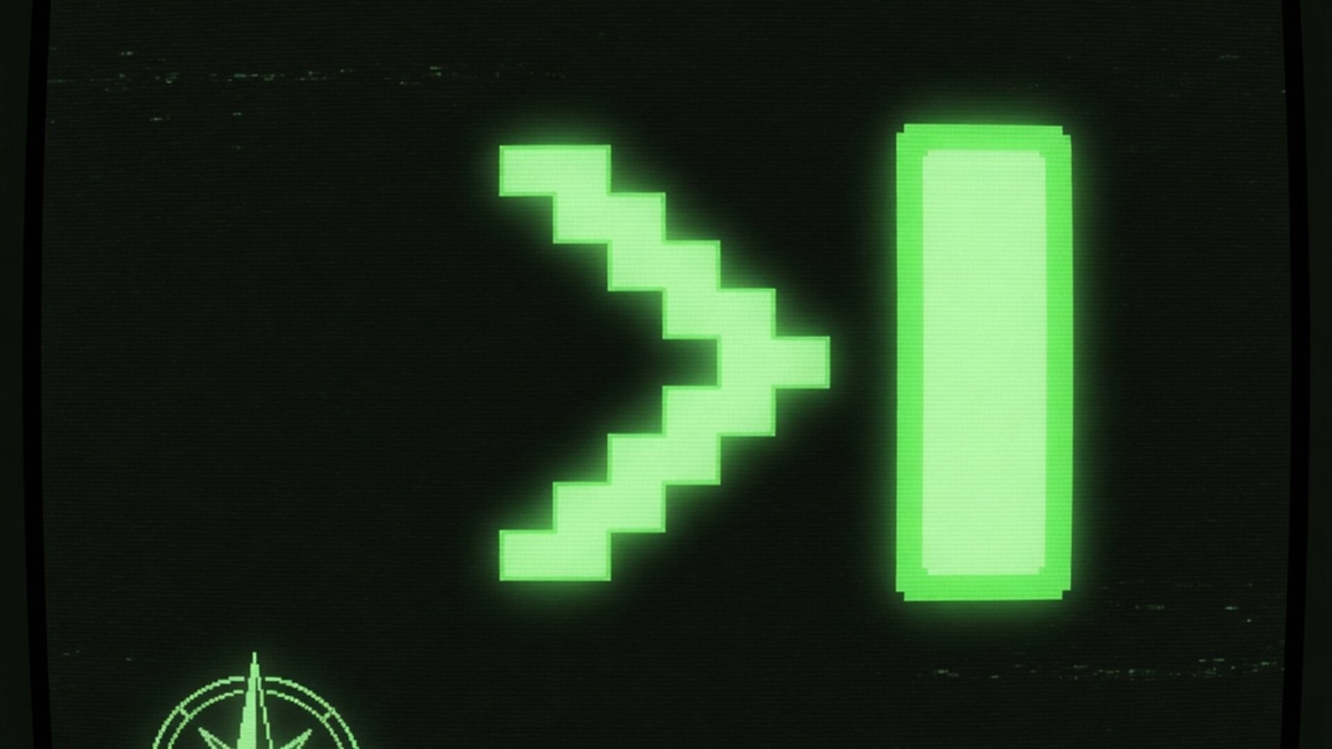A phosphor-green CRT display showing a pixelated greater-than prompt and a blinking block cursor, with a faint compass rose in the lower-left corner and scanlines across a deep black screen.